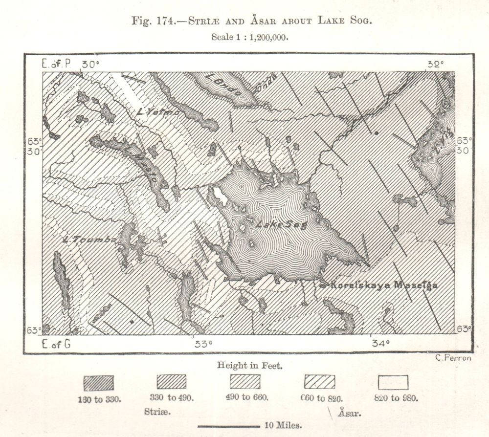 Strlae and Asar About Lake Syargozero. Russia. Sketch map 1885 old antique